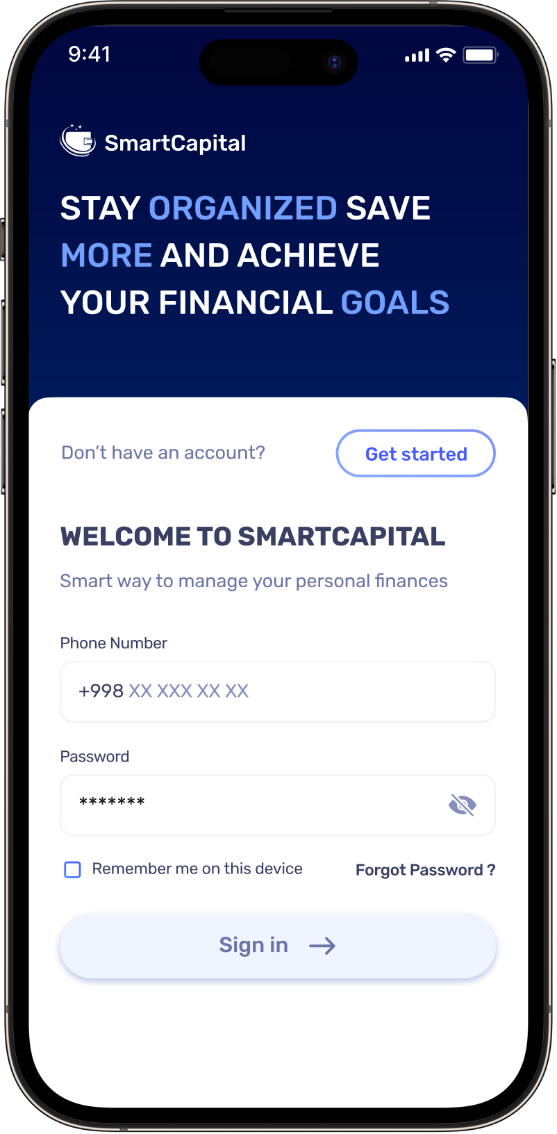 Smart Capital mobile login screen